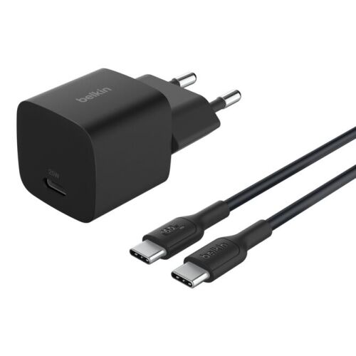 Belkin BOOSTCHARGE 25W USB-C fali töltő Power Delivery és PPS támogatással, fekete színben, hozzá illő fekete 1M USB-C USB-C kábelével - Telefon