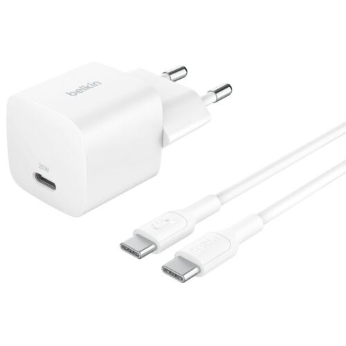 Belkin BOOSTCHARGE 25W USB-C fali töltő Power Delivery és PPS támogatással, fehér színben, egy 1 méteres USB-C-ről USB-C-re kábellel, okostelefonok, táblagépek és hordozható játékkonzolok gyors töltéséhez 