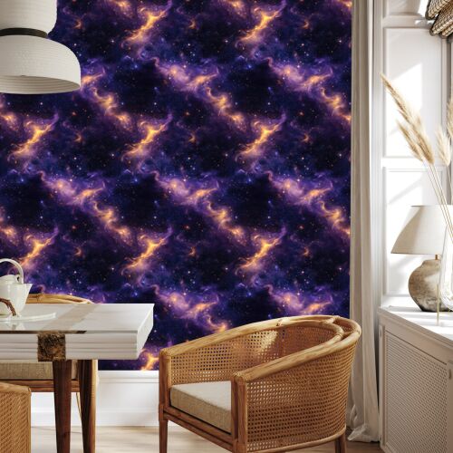 Akvarell Galaxis tapéta egy étkezőben, sötétkék, indigó és lila kozmikus mintákkal a falon. - Barkács és DIY