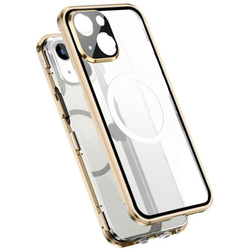 Arany mágneses dupla üveges MagSafe tok iPhone 13-hoz, ferde nézet fehér háttéren - Telefontok