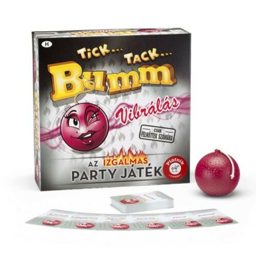 Tick Tack Bumm! Vibrálás felnőtt party játék a Piatniktól, a játékdobozzal, egy piros vibráló labdával és játékkártyákkal fehér háttéren - Felnőtt társasjáték