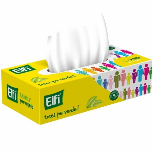 Elfi Family 150 darabos papírszalvéta sárga dobozban, színes emberi figurákkal, ferde nézet - Szalvéta
