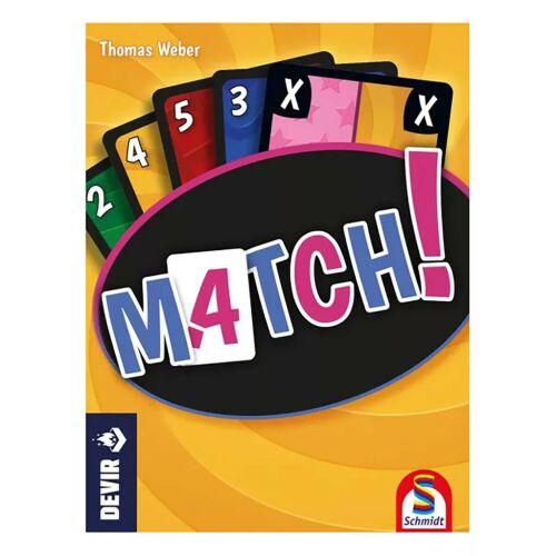 Match! Or Don't! (88522) kártyajáték doboz, játéklogóval és színes számozott kártyákkal, Thomas Weber és Devir/Schmidt kiadásában - Kártyajáték