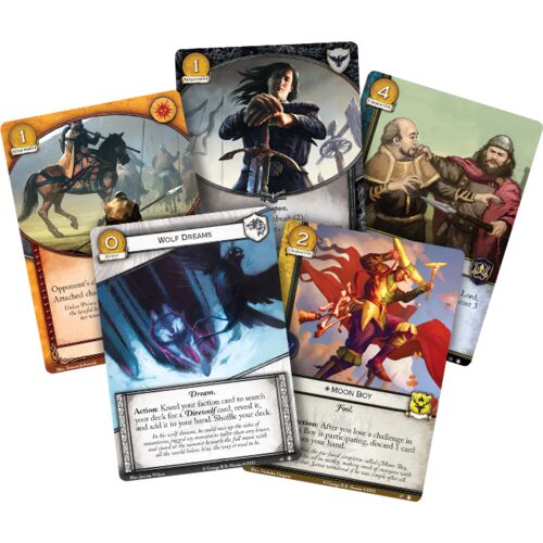 Trónok harca LCG A király békéje kiegészítő kártyák, fantasy témájú játékkártyák közelképe A Jég és Tűz dala sorozatból, különböző karakter és eseménykártyák a Trónok harca Living Card Game-hez - Kártyajáték