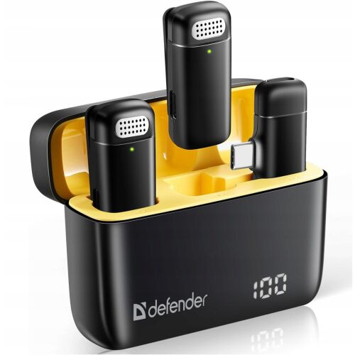 Defender TALKY-139 lavalier vezeték nélküli mikrofonrendszer két fekete mikrofonnal és vevőegységgel töltőtokban, Type-C csatlakozóval és digitális kijelzővel, fehér háttéren - Mikrofon