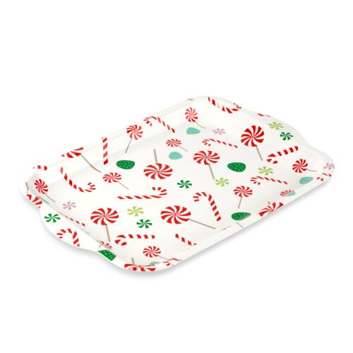 Karácsonyi tálca - műanyag - 34 x 23 cm műanyag karácsonyi kínálótálca cukorkás és nyalókás mintával, döntött nézet fehér alapon - Tálca