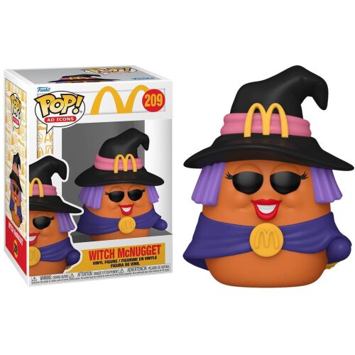 Funko POP! Ad Icons McDonald's Boszorkány McNugget vinyl figura, balra az eredeti csomagolásban, jobbra kicsomagolva, narancssárga McNugget karakter fekete boszorkánykalapban arany ívekkel és lila köpenyben. - Játék