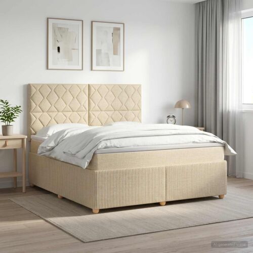 vidaXL Boxspring ágy matraccal, krémszínű szövet, 140x200 cm, modern hálószobai környezetben éjjeliasztallal és növénnyel - Ágy