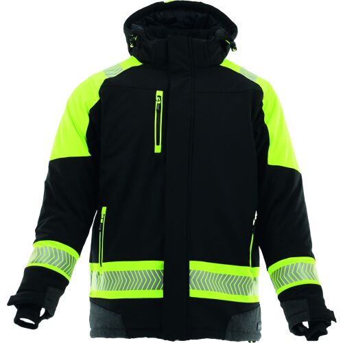 COMFORT NEO WINTER SARA XXXL téli munkakabát, fekete fényvisszaverő sárga színben, elölnézet 