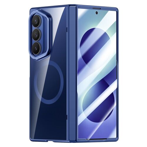 Átlátszó tok Samsung Galaxy Z Fold 8 Ultra készülékhez, állvánnyal és külső kijelzővédő üveggel, MagSafe-fel, kék kerettel 179079086 - Telefontok