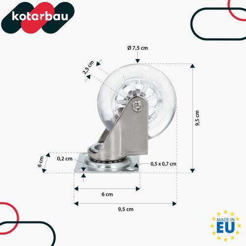 Átlátszó, forgatható, gumi bútorkerék, 75 mm 179091349 - Bútorláb