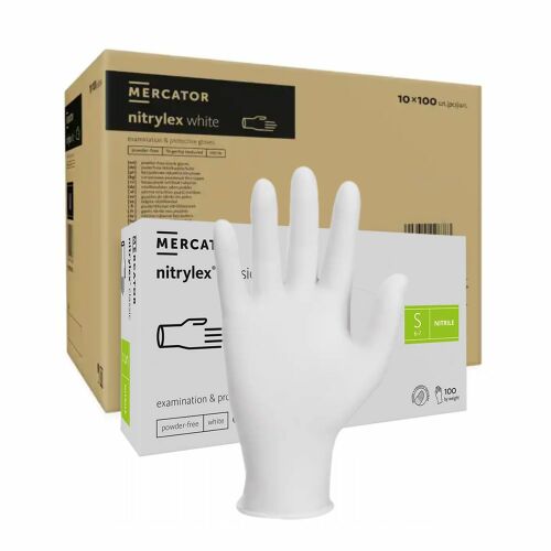 Mercator Nitrylex Classic fehér S nitril vizsgálókesztyű, 10x100 darabos karton egy kesztyűvel - Eldobható kesztyű