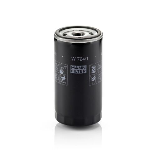 MANN-FILTER W 724/1 motorolajszűrő Ford Escort és Fiesta modellekhez, döntött nézet fehér háttéren - Olajszűrő
