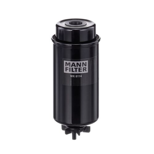 MANN-FILTER WK 8114 üzemanyagszűrő, fekete hengeres szűrő fehér MANN-FILTER logóval és WK 8114 modellszámmal, az optimális motor teljesítmény és üzemanyagrendszer védelem érdekében - Üzemanyagszűrő