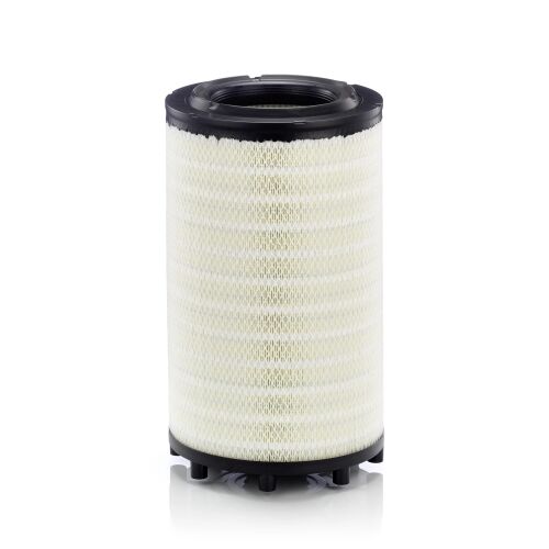Mann-Filter levegőszűrő Scania teherautókhoz, hengeres fehér szűrőbetét fekete felső és alsó résszel, nagyteljesítményű levegőszűrés haszongépjárművekhez 