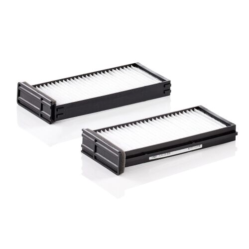 MANN-FILTER CU 23 000-2 utastér szűrő, két fehér redős szűrő fekete műanyag keretben, szögletes nézet fehér háttéren Mitsubishi Carisma, Colt, Pajero, Space Star modellekhez - Autó levegőszűrő