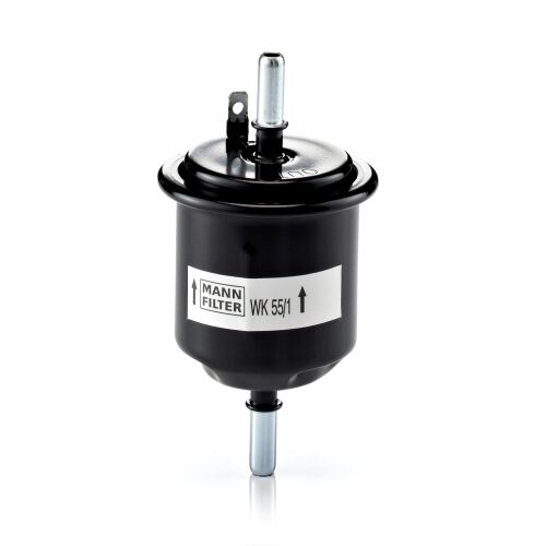 MANN-FILTER WK 55/1 üzemanyagszűrő Hyundai Accenthez, fekete autó üzemanyagszűrő benzines motorokhoz fehér háttéren - Üzemanyagszűrő