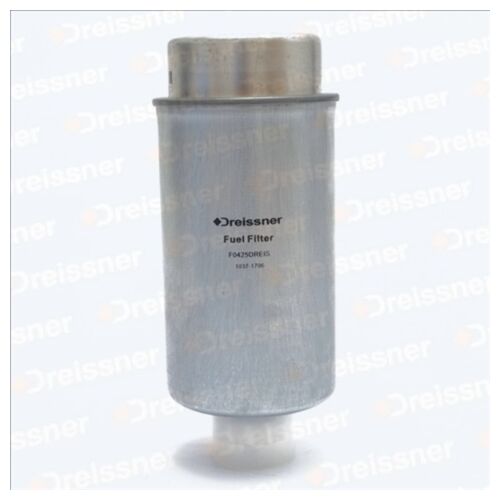 DREISSNER F0425DREIS üzemanyagszűrő Ford Transithoz, döntött nézetben, fehér háttéren, kiemelve fém házát és márkajelzését. - Üzemanyagszűrő