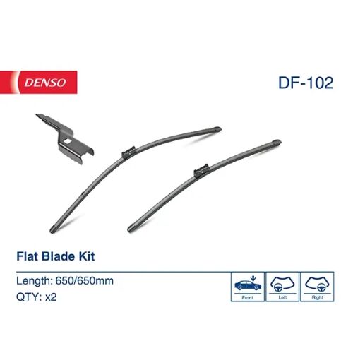 Denso DF-102 lapos ablaktörlő lapát szett, két ablaktörlő lapát és rögzítő fehér háttéren, termékadatokkal és autókompatibilitási ikonokkal - ‪Ablaktörlő lapát