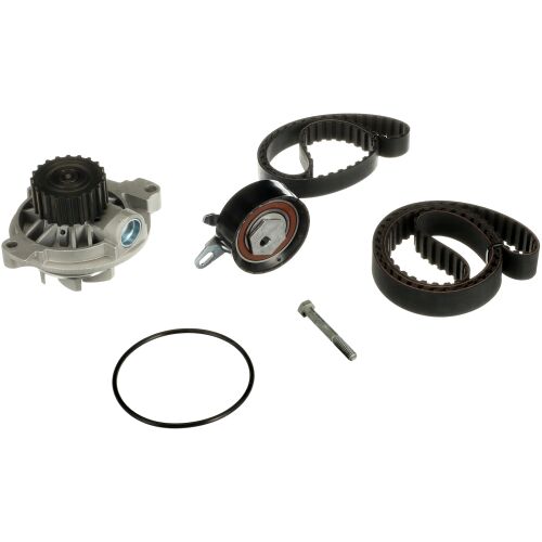 Vízpumpa szett és GATES KP65323XS fogasszíj készlet VW Transporter T4 dízel motorokhoz, vízpumpa, fogasszíjak, feszítőgörgő és csavar fehér háttéren - Vezérműszíj és vezérműlánc