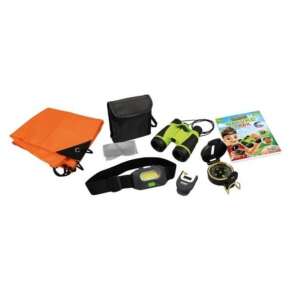 Buki Rando Nature Trek science kit, featuring binoculars, compass, headlamp, pedometer, drawstring bag, and booklet - Science & Discovery Toy