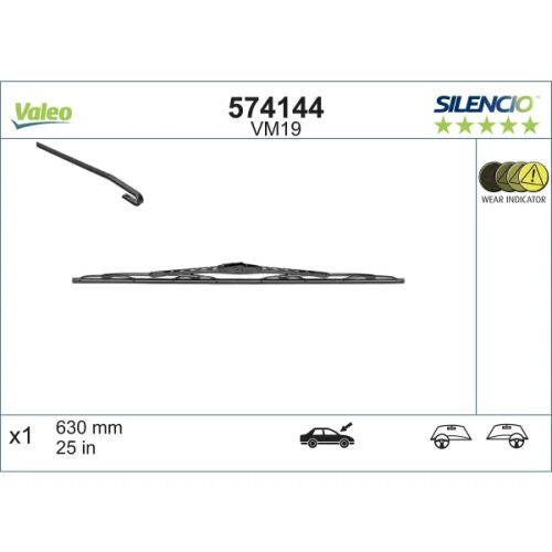 A VALEO 574144 VM19 ablaktörlő lapát műszaki diagramja, amely a 630mm/25in hosszúságot és a kopásjelzőt mutatja - Valeo