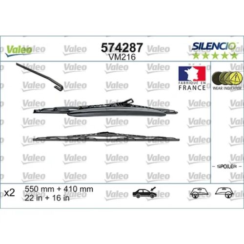 Valeo 574287 Silencio ablaktörlő lapátok műszaki rajza, 'Made in France' jelzéssel és méretekkel - Valeo