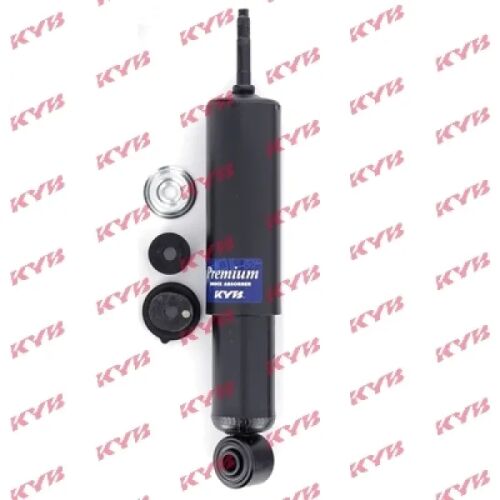 KYB 444102 prémium olajnyomásos lengéscsillapító Ford Maverick és Nissan Terrano járművekhez, kiegészítőkkel, fehér háttéren KYB márkajelzéssel - Lengéscsillapító