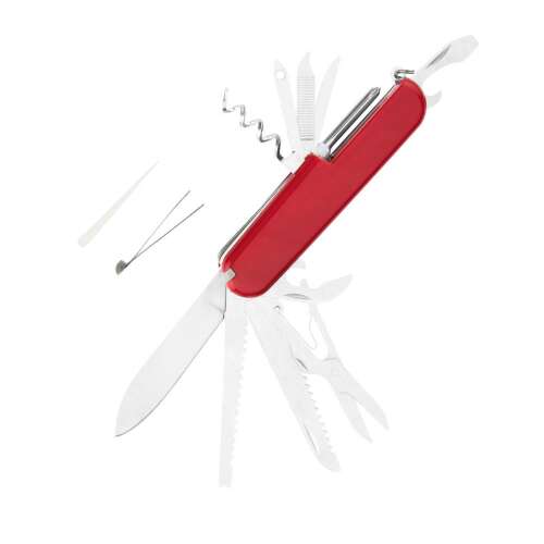 Top Tools 13-Funktionen Taschenmesser, roter Griff, mehrere Werkzeuge ausgeklappt