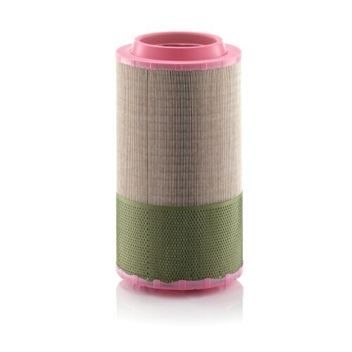 MANN-FILTER C 25 990 autó levegőszűrő, hengeres forma redőzött szűrőanyaggal és rózsaszín végekkel, zöld erősített talppal, fehér háttér, autó motor levegőszűrő - Autó levegőszűrő