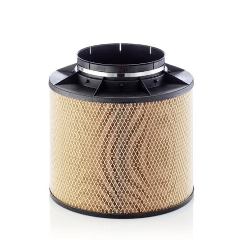 MANN-FILTER C 43 1090/1 autó motor levegőszűrő, hengeres forma, bézs szűrőanyag, fekete felső és alsó rész, autóipari levegőszűrő rendszerhez - Autó levegőszűrő