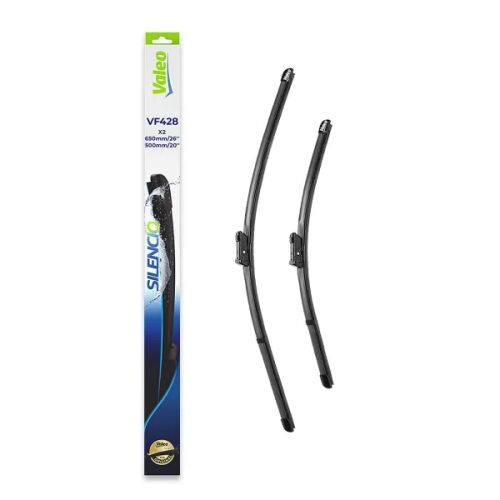 VALEO 574384 Silencio VF428 ablaktörlő lapátok és csomagolás, amely két ablaktörlő lapátot, azok méreteit (600mm/24in és 500mm/20in) és autókompatibilitását mutatja - Valeo