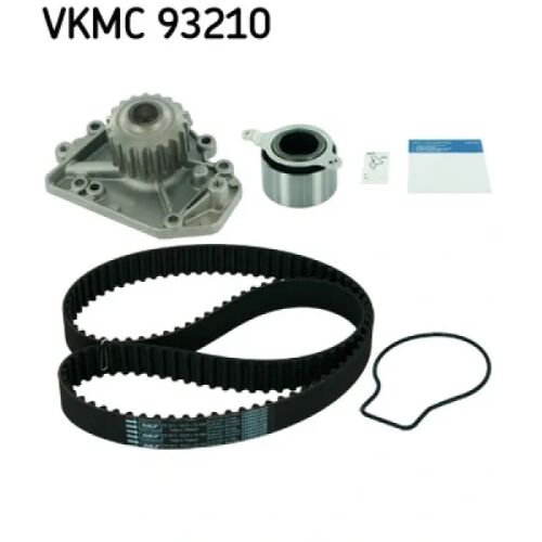 SKF VKMC 93210 vezérműszíj készlet vízpumpával, feszítővel, vezérműszíjjal és tömítéssel, fehér háttéren elrendezve, kicsomagolva. - Vezérműszíj és vezérműlánc