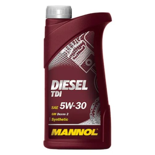Mannol Diesel TDI 5W30 1L motorolaj flakon, sötétpiros csomagolás fehér címkével, dízelmotorokhoz alkalmas, 5W-30 viszkozitású, SAE 5W-30, API SN/CF, ACEA C3, BMW LL-04, MB 229.51, VW 505.01/505.00/502.00, GM Dexos 2 specifikációk - Motorolaj