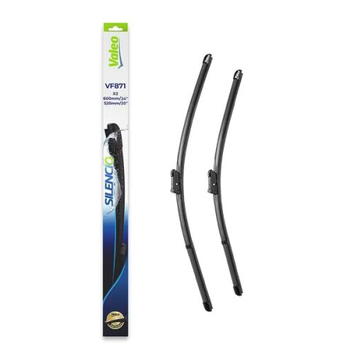 Két darab Valeo 577871 Silencio lapos ablaktörlő lapát (600mm/24" és 520mm/20") kiskereskedelmi csomagolással, ferde nézet - Valeo
