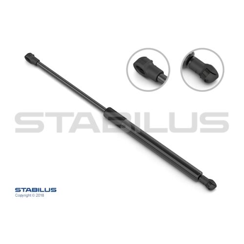 STABILUS 0681VK motorháztető-emelő gázrugó BMW 1-es szériához, döntött nézet fehér háttéren részletes végcsatlakozó közeli képekkel - Karosszéria elem
