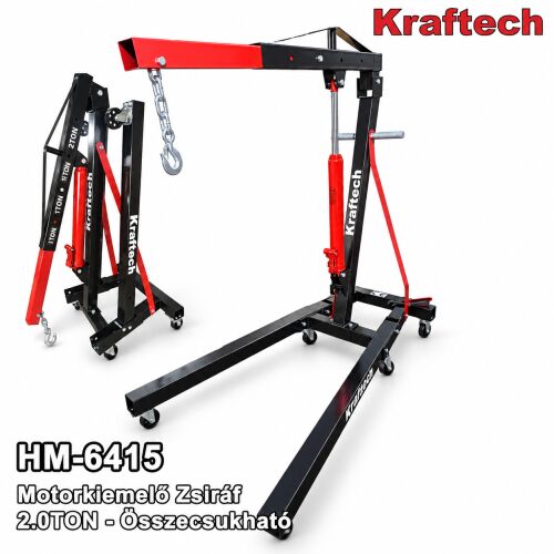 KrafTech HM-6415 összecsukható hidraulikus motorkiemelő zsiráf 2 tonna teherbírású, szétszedett és összeállított nézetben, műhely és garázs használatra - Szállítási és emelő felszerelés