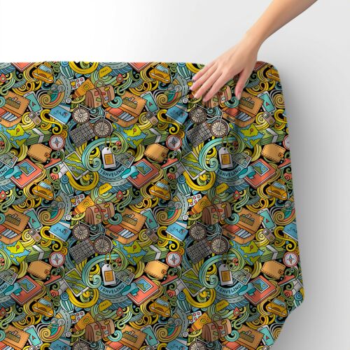 Royal Samt Stoff poliészter varráshoz - Utazás témájú bársony anyag - Textil méteráru