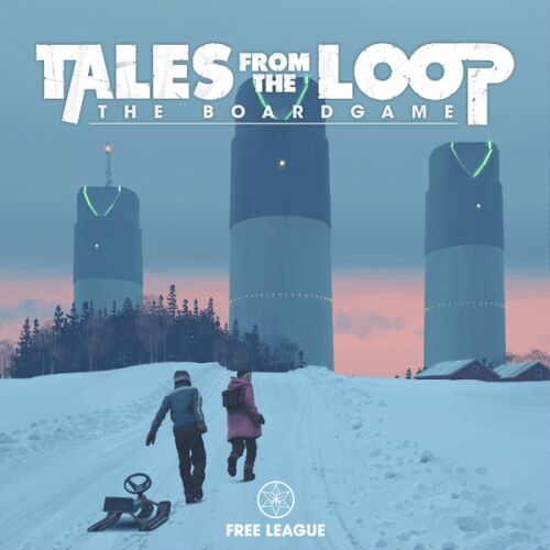 A Tales From the Loop The Board Game borítója, két gyereket ábrázolva, akik havas tájban sétálnak nagy, futurisztikus tornyok felé - Társasjáték