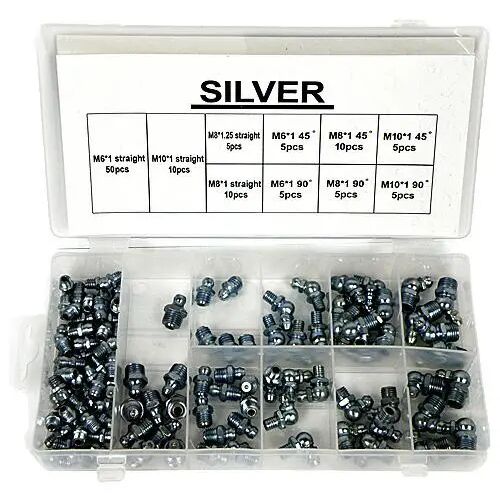 SMAROWNICZKI KALAMITKI METRYCZNE 110cz SILVER metrikus zsírzógombok készlete különböző méretekben és szögekben, átlátszó műanyag dobozban rendezve, ideális gépek és járművek kenéséhez - Kézi szerszám
