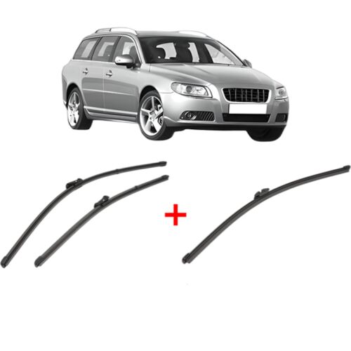 Valeo Silencio Xtrm 3 darabos ablaktörlő lapát szett Volvo V70 III (2007-2016) típushoz, két első és egy hátsó ablaktörlő lapátot tartalmaz, egy ezüst Volvo V70 III autóval a háttérben - Valeo