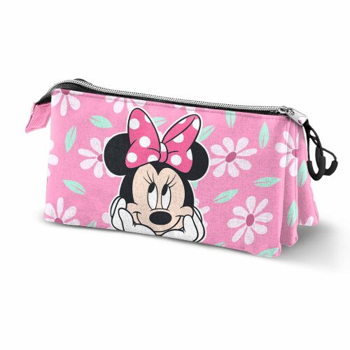 Karactermania Minnie Blooming hármas tolltartó, rózsaszín, elöl mosolygó Minnie egérrel, fehér százszorszép és zöld levél mintával - Tolltartó