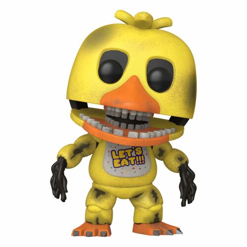 Közeli, ferde nézet a Funko POP! Five Nights at Freddy's Withered Chica #1084 bakelit figuráról, melyen láthatók a sérült részletek és a „Let's Eat!!!” előke - Mesehős figura