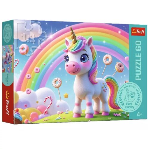Trefl Puzzle 60 Candy World 17416 doboz, varázslatos jelenettel, fehér unikornissal, szivárvánnyal és színes édességekkel, ideális 4 éves kortól a készségek fejlesztésére. - Puzzle és kirakó