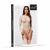 SoftLine Collection Bodystocking 2102, csábító hosszú ujjú áttetsző nude body harisnyatartóval és mintával, modell fehérneműt visel a termékcsomagoláson