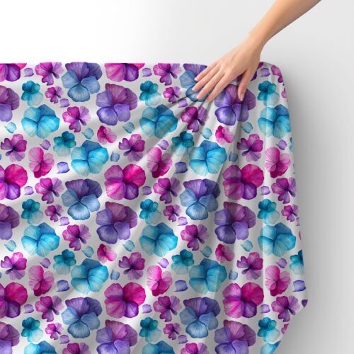 Royal Samt Stoff Polyester lila és kék árvácska mintás szövet, puha bársony anyag varráshoz és kézműveskedéshez - Textil méteráru