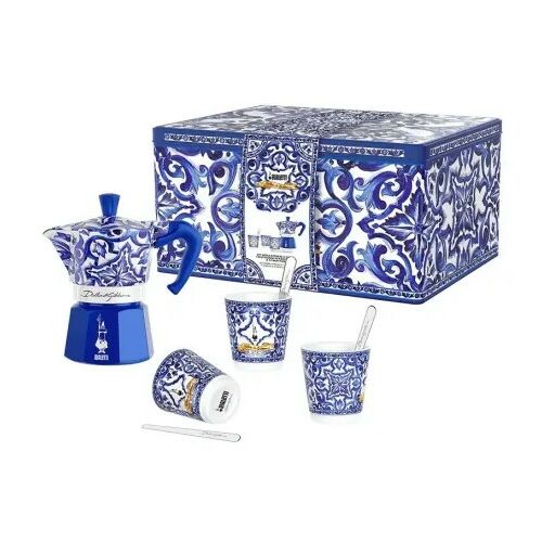 Bialetti készlet: D&amp;G Moka Express kávéfőző 3 adag + D&amp;G csésze 3 darab/ ezüst keverő 3 darab Díszdobozban 179536130 - Kávés és teás készlet
