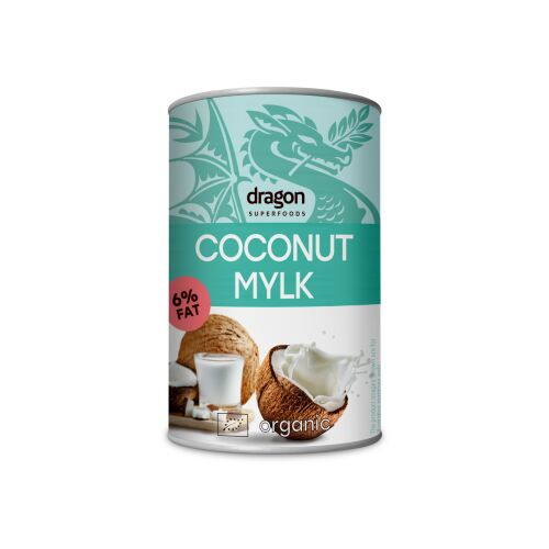 Smart Organic alacsony zsírtartalmú bio kókusztej konzervben, sárkány logóval és kókusz, valamint tejfröccsenés képekkel, ideális főzéshez és desszertekhez. - Kókusztej