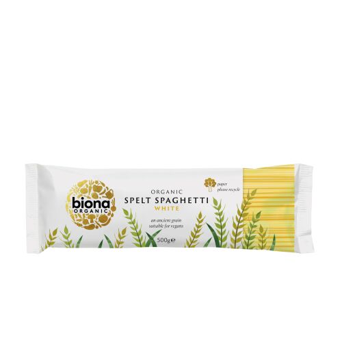Biona Organic White Spelt Spaghetti 500g csomagolás elölnézete fehér háttéren - Tészta