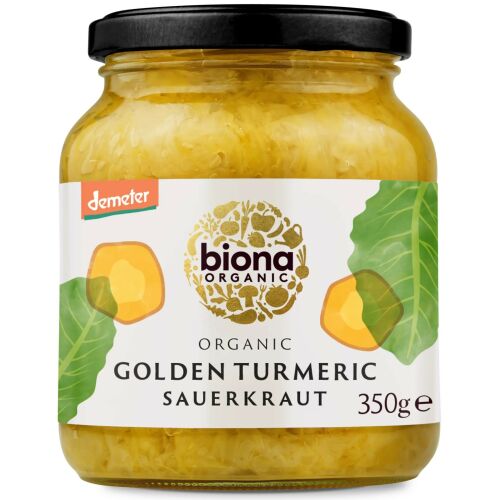 Biona Organic Golden Kurkumás Savanyúkáposzta 350g üvegben, elölnézet, fermentált káposzta kurkumával, Demeter bio tanúsítvánnyal - Konzerv